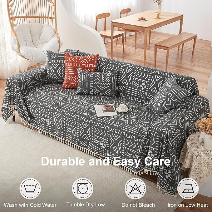 VClife Boho Couch Cover for 3 Cushion Couch Sofa Durable Soft Chenille Sofa Slipcover for Sectional Sofa, 1 PC Multi-Functional Sofa Covers Protector, Black and White Furniture Protector 71" x 134"