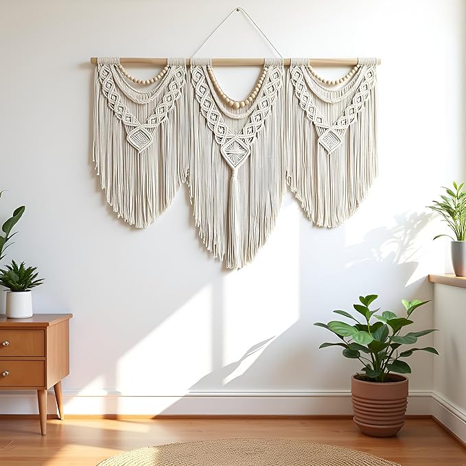 guzhiou large macrame wall hanging - Boho Tapestry Macrame Wall Decor Art- Chic Bohemian Handmade Woven Tapestry Home Decoration for Bedroom Living Room Apartment Wedding Party - 43"x32" (Wood bead)