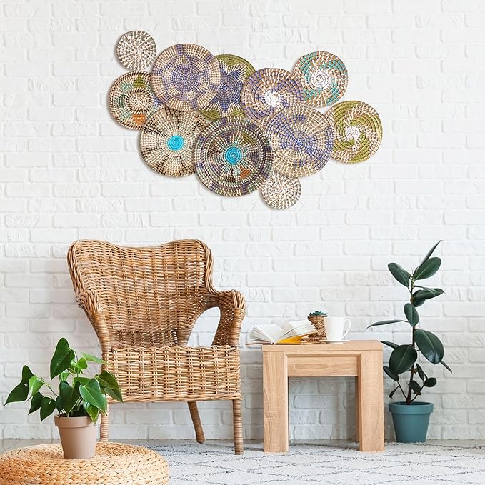 Tatuo 11 Pcs Boho Wall Basket Decor Decorative Bulrush Woven Basket Wall Decor Art Round Farmhouse Hanging Baskets for Kitchen Rustic Home Summer Decorations, Multi Sizes(Multicolour)