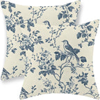 Chinoiserie Pillow Covers 18x18 Inch Set of 2 Blue Floral Bird Throw Pillows Vintage Blue Flower Decorations Pillow Cases Outdoor Chinoiserie Decor Farmhouse Linen Cushion Cover for Couch Home