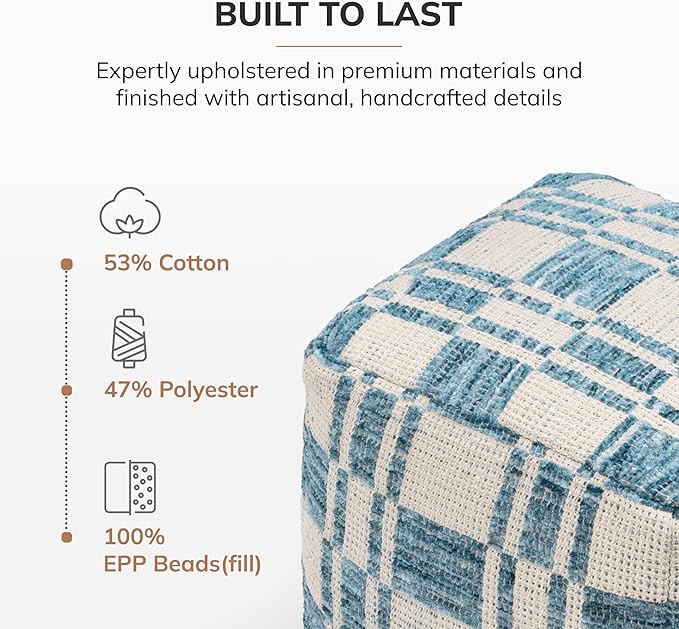 Anji Mountain Pouf Ottoman Foot Rest, Handmade Ottoman Pouf, Comfortable Foot Stool, Decorative Floor Seating for Living Room Decor, Bedroom & Home Décor Accent - Blue
