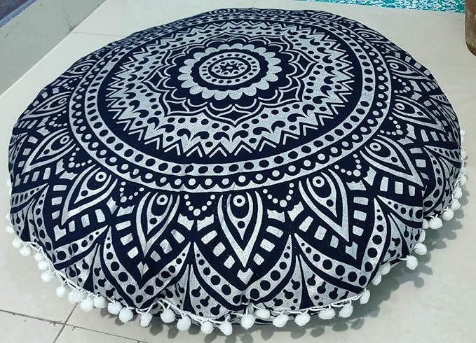 INDIAN CRAFT CASTLE 24" Blue Silver Mandala Barmeri Large Floor Pillow Cover Cushion Meditation Seating Ottoman Throw Cover Hippie Decorative Zipped Bohemian Pouf Ottoman Pom Pom Cases 24" Round