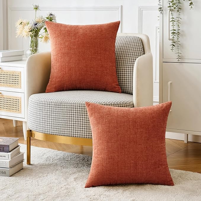 MIULEE Pack of 4 Couch Throw Pillow Covers 18x18 Inch Soft Burnt Orange Chenille Pillow Covers for Sofa Living Room Solid Dyed Pillow Cases