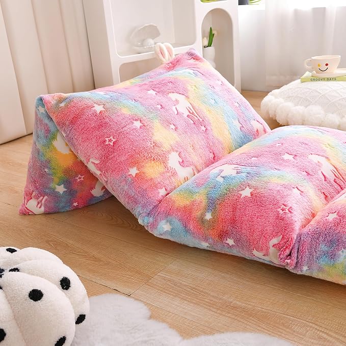 Mengersi Velvet Floor Pillows,Unicorn Glow in The Dark Pillow Bed Floor Lounger Cover for Kids Girls Boys,Mattress Floor Bed Sleeping Mat for Girls Teen Toddler,Requires 5 Pillows(Queen,Pink)