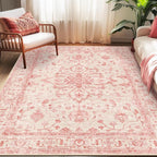 Area Rugs 5'x7' Washable Non-Slip, Floral Vintage Distress Print Pattern Medallion Carpet for Living Room Bedroom Dining Room, Pink Light Vintage Pink