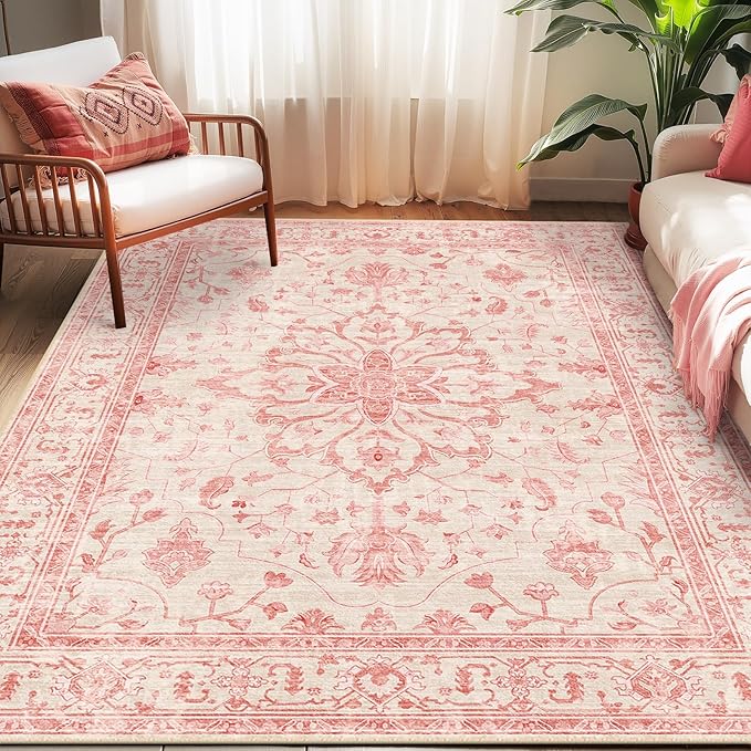 Area Rugs 5'x7' Washable Non-Slip, Floral Vintage Distress Print Pattern Medallion Carpet for Living Room Bedroom Dining Room, Pink Light Vintage Pink