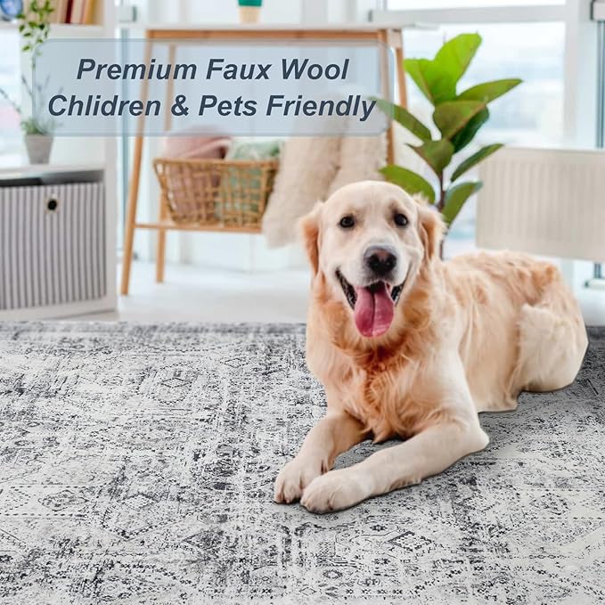Area Rug 8×10, Large Vintage Boho Rug,Ultra-Soft Low Pile, Washable, Non Slip,Stain Resistant, Printed Carpet for Living Room Bedrooms Playroom Office Kitchen, Classic-Grey