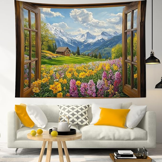 EOBTAIN Garden Window Tapestry Purple Yellow Floral and Cottage on Mountain Tapestry Wall Hanging Green Forest Nature Landscape Wall Art for Bedroom Living Room Dorm Room Decor,59x51 Inch