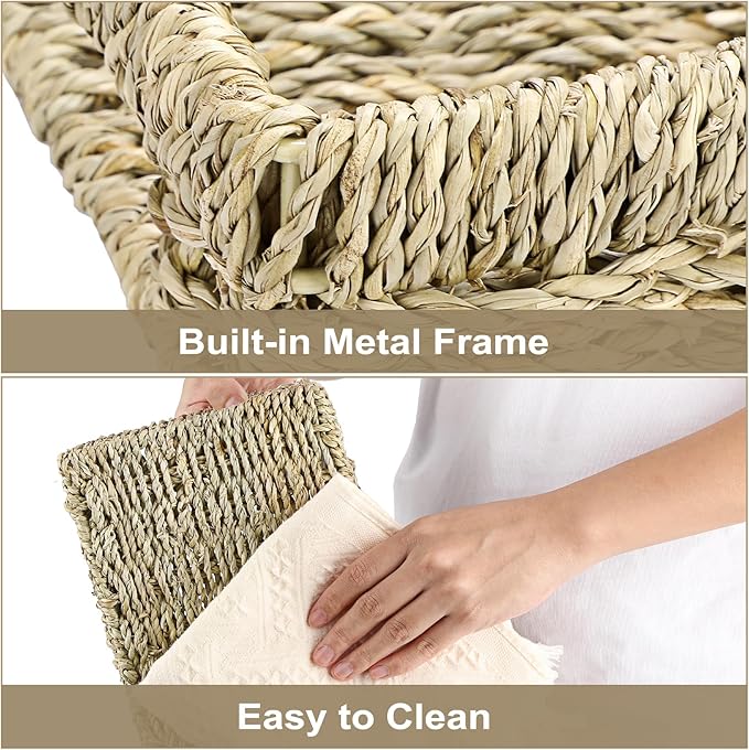 Bathroom Vanity Tray, Seagrass Long Narrow Counter Tray with Handles, Decorative Woven Organizer Trays for Toilet Tank, Shelves, Farmhouse Hand Towel Basket Holder for Storage, Natural (Large)
