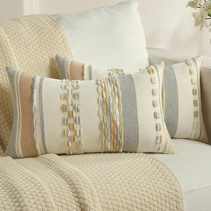 FUTEI Blue Green Khaki Decorative Throw Pillow Covers 12x20 Inch Set of 2, Soft Tufted Striped Textured Accent Pillow Case,Boho Pillows for Couch Decor