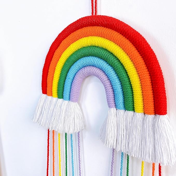 Rainbow Macrame Wall Hanging - Hand-Woven Cotton Tassel Tapestry Decor for Baby Room, Nursery, and Home Decor (Red Rainbow)