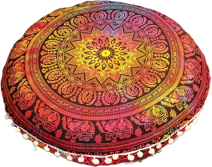 CRAFT KALA 22" Round Mandala Boho Pillow Cover Meditation Room Seating Poufs Cover for Living Room Yoga Room Home Bedroom Balcony Garden Party Decoration Cotton Floor Cushion Cover 22", Multi Elephant