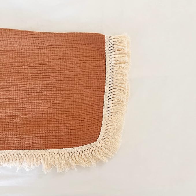 Muslin Cotton Baby Receiving Blanket with Fringe, Boho Bohemian Tassels, Nursery Decor, Boy or Girl Unisex Swaddle Wrap, Use as Throw or Nursing Fringed Blankets (Rust)