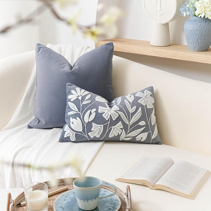 BlissBlush 12x20 Lumbar Pillow Cover, Grayish Blue Rectangular Decorative Throw Pillowcase for Couch Sofa, Floral Tufted Embroidered Velvet Farmhouse Accent Cushion (Cover Only)