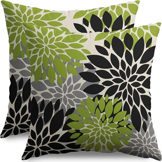 Black Lime Green Pillow Covers 22X22 Inch Set of 2, Spring Summer Floral Dahlia Flower Cream Decorative Throw Pillow Covers Outdoor Modern Farmhouse Cushion Case for Home Couch Sofa Bed Decor