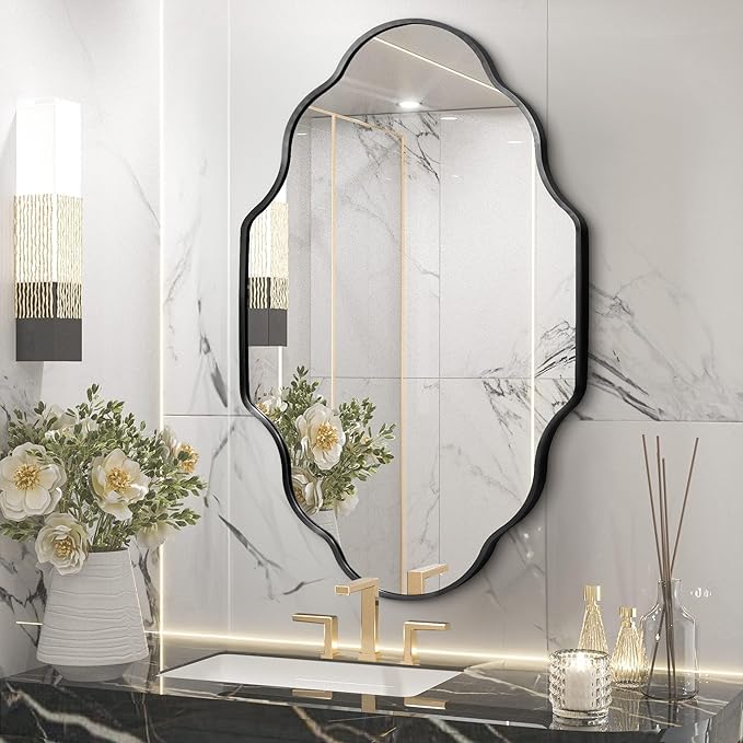 Scalloped Mirror for Bathroom - 20"x36" Black Bathroom Mirror with Aviation Aluminum Alloy Frame & Shatter-Proof Glass for Living Room Bedroom Entryway, Brushed Black Frame