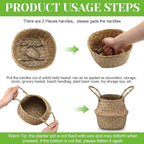 Qunclay 8 Pcs Woven Seagrass Baskets Belly Basket Folding Boho Natural Plant Pot with Handles Round Decorative Wicker Large Indoor Planter for Home Outdoor Tree Planters Decor (XXS,6.3''dx5.5''h)