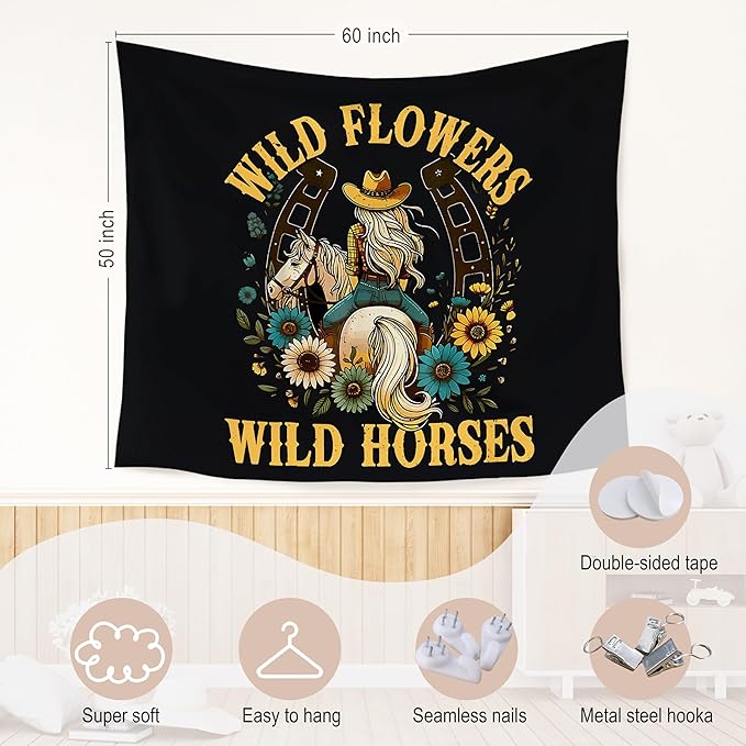 WARDOS Western Cowgirl Tapestry, Vintage Western Tapestry Wall Hanging, Retro Country Wild Wildflower Wild Horses Wall Blanket Decor for Girls Room Dorm Apartment Bedroom, 50x60 Inch