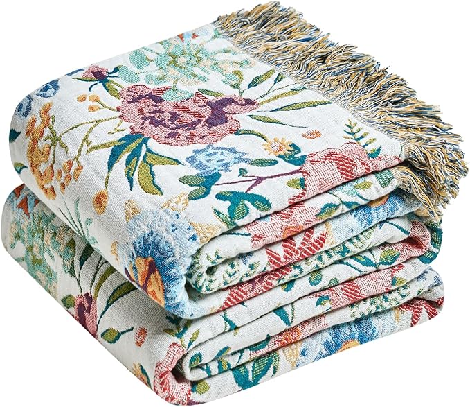 Boho Throw Blanket - 100% Cotton Ultra Soft Muslin Blanket, 60"x80" Lightweight Floral Framhouse Bedding Spring Blanket for Bed, All Season Blue Bohemian Bedroom Home Decor Quilt