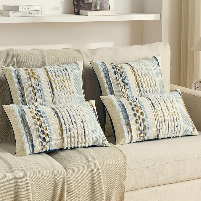 FUTEI Navy Brown Accent Throw Pillow Covers Set of 2, 20x20 Inch Plush Tufted Striped Textured Decorative Cushion Cases for Farmhouse Boho Couch Decor