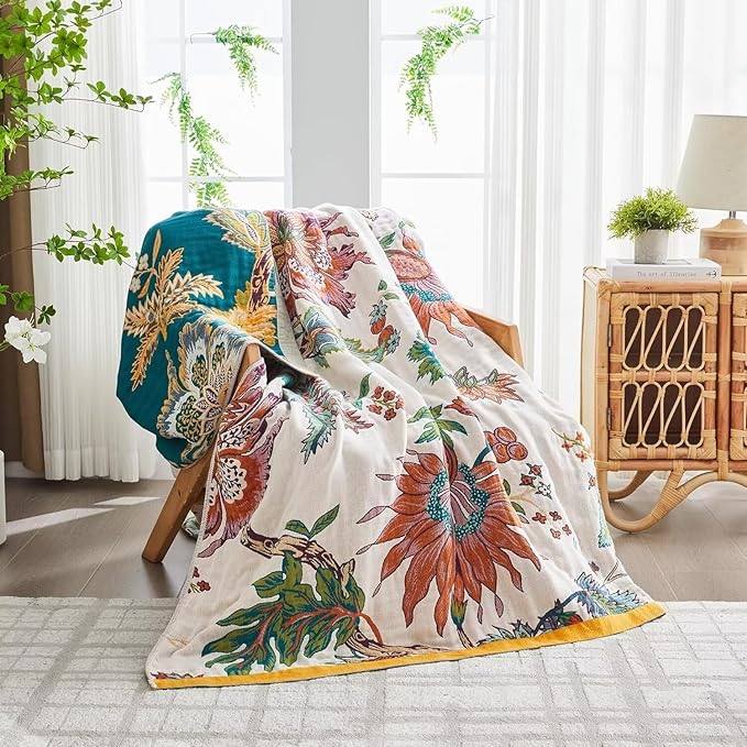 Boho Blanket for Bed 100% Cotton Bohemian Throw Blankets Ultra Soft Woven Muslin Decorative Blankets All Seasons Vintage Quilt Knitted Blanket for Sofa Chair(Beige, 80"x90")