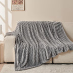 NEWCOSPLAY Super Soft Throw Blanket Light Grey Premium Silky Flannel Fleece 3D Ribbed Jacquard Lightweight Bed Blanket All Season Use (Light Grey Ribbed, Throw(50"x60"))
