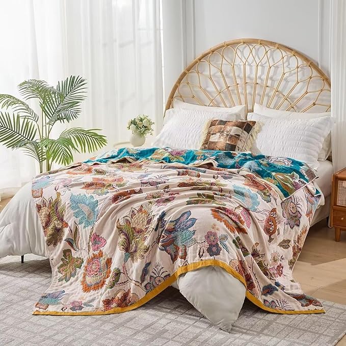 Boho Throw Blanket Farmhouse Decor Throw Blanket Bohemian Blanket for Bed 100% Cotton Muslin Woven Couch Blanket All Seasons Quilt Bedroom (Beige, 90"x98")