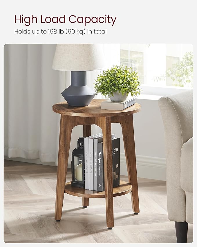 VASAGLE MAEZO Collection - Side Table, 2-Tier Small Round End Table, Nightstand with Tapered Legs, Curved Transitions, for Small Spaces, Living Room, Bedroom, Honey Brown ULET283T41