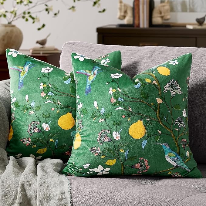 MUSSEL Dark Green Velvet Throw Pillow Covers 16x16 Pack of 2, Vintage Floral Pillow Covers, Mid Century Flower Plant Cushion Covers for Sofa Living Room Home Decor