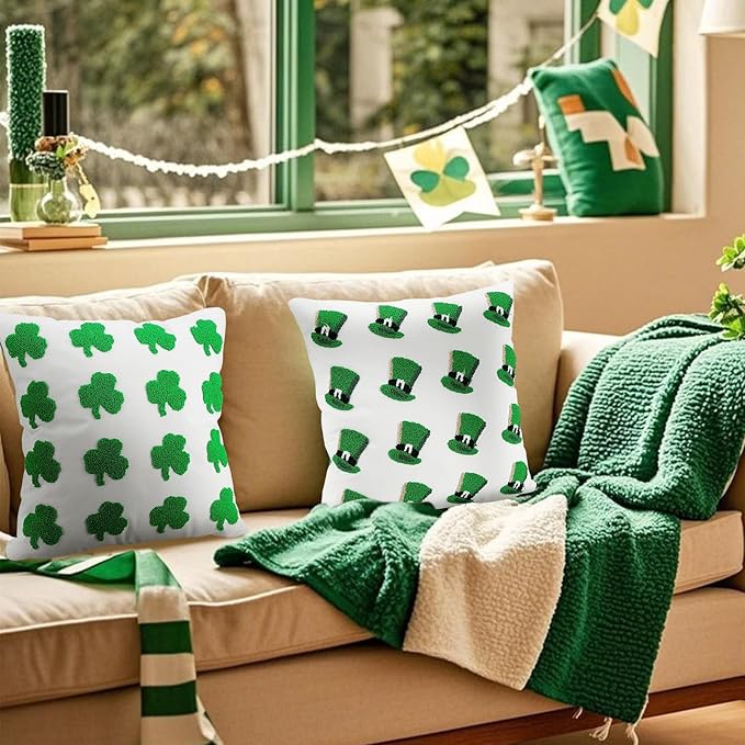 2 Pcs Tufted St. Patrick's Day Pillow Covers 18'' Green Clover Boucle Throw Pillow Cases 3D Soft Plush Faux Fur Wool Couch Cushion Case for Chair Sofa Bedroom Living Room Home Decor