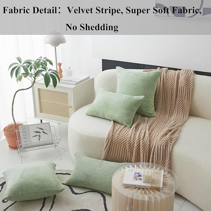 Home Brilliant Holiday Decor Solid Plush Corduroy Striped Square Spring Pillow Covers Set of 2 Cushion Covers for Living Room Decor, 50cm, 20 x 20 Inch, Sage Green