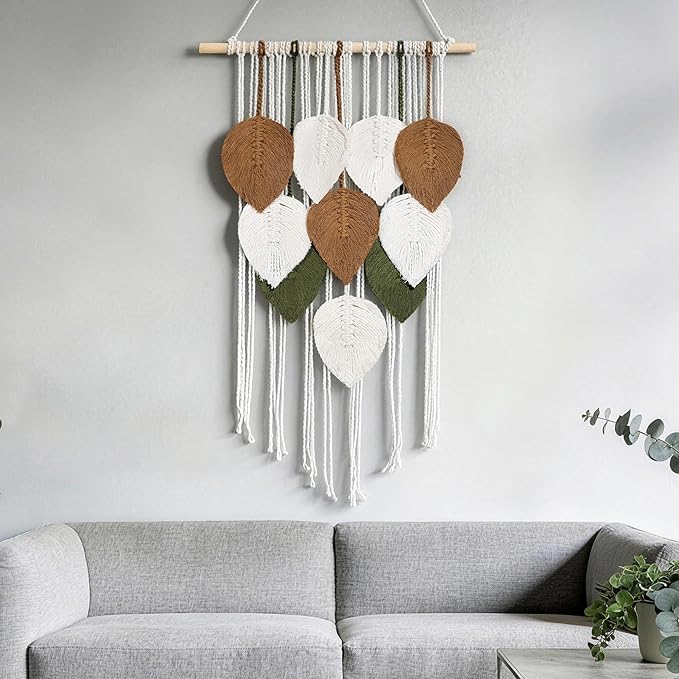 NYEONHRT Macrame Wall Hanging Boho Leaf and Feather Tapestry Handmade Woven Wall Art for Living Room Bedroom Nursery Decor 16x31 Inch (Brown green)