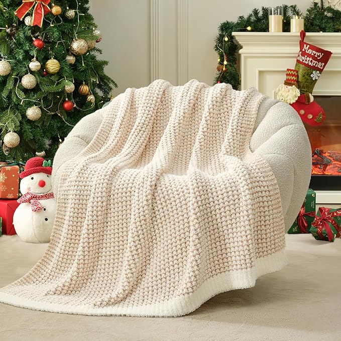Snuggle Sac Cream Waffle Blanket for Couch Bed Sofa 60x80 inches, Reversible Beige Soft Throw Microfiber Fluffy Fuzzy Cozy Knit Twin Blanket for Women Mothers Birthday Gifts