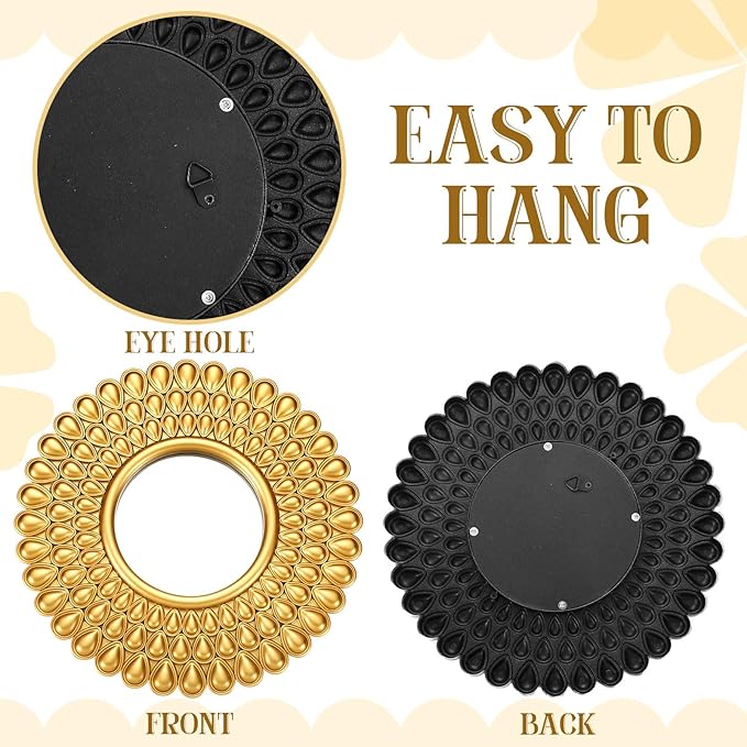 3 Pack Gold Sunburst Mirrors for Wall Decor Circle Flowers Mirrors Decorative Gold Hanging Wall Art Flowers Mirror for Home Living Dinning Room Bedroom Bathroom Boho Decoration Art(Sunburst)