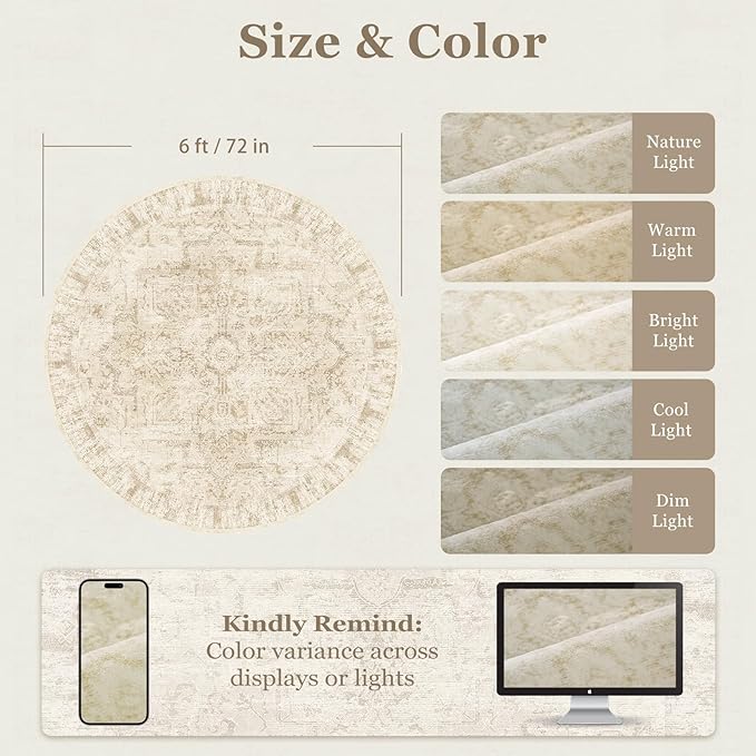 Beige Round Rugs 6ft, Low Pile Thin Circle Area Rugs for Bedroom Living Room Washable Non Slip, Vintage Medallion Distressed Neutral Round Carpet for Kitchen Dining Room
