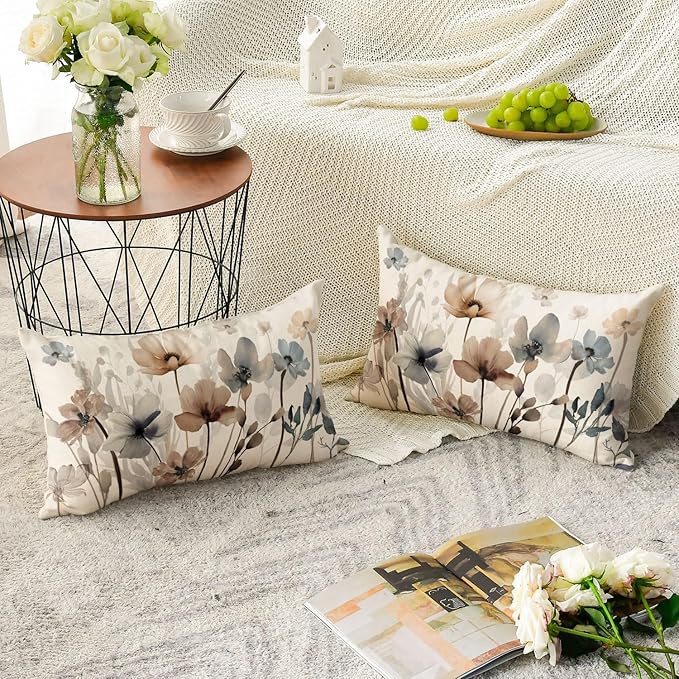 AVOIN colorlife Poppy Flowers Chinoiserie Throw Pillow Covers, 12 x 20 Inch Seasonal Fall Leaves Cushion Case Decoration for Sofa Couch Set of 2