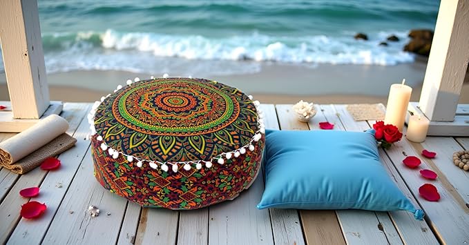 INDIAN CRAFT CASTLE ICC Floor Pillows & Cushion Covers Decorative Hippie Mandala Pouf Pillow Covers Seating Meditation Cushion Cover Large Boho Ottoman Case Pillowcase Couch New Blue, 24" Round