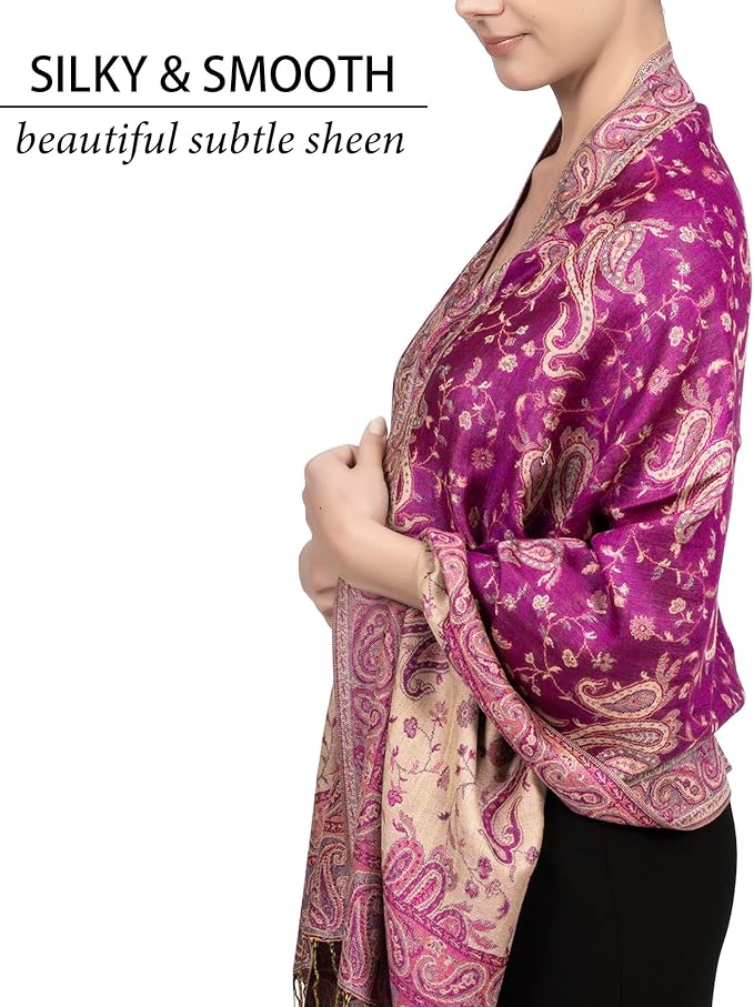 Achillea Reversible Paisley Pashmina Rave Scarf – Exotic Indian Shawls and Wraps for Evening Dresses, Festivals, All Seasons