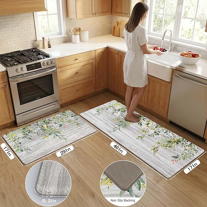 Kitchen Rug Mats for Floor Cushioned Anti Fatigue Green Eucalyptus Kitchen Rugs Sets of 2 Farmhouse Non Slip Waterproof Comfort Memory Foam Standing Floor Mat for Office Laundry Sink Desk