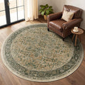 Vintage Round Rugs 6ft, Low Pile Thin Circle Area Rugs Washable Non Slip, Traditional Medallion Printed Circle Carpet for Bedroom Living Room Kitchen Dining Room, Multi Brown/Green