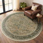 Vintage Round Rugs 6ft, Low Pile Thin Circle Area Rugs Washable Non Slip, Traditional Medallion Printed Circle Carpet for Bedroom Living Room Kitchen Dining Room, Multi Brown/Green