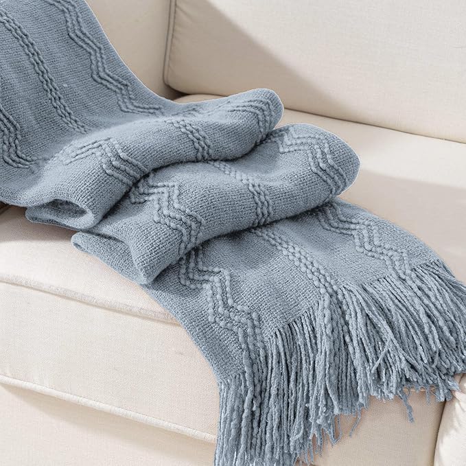 BATTILO HOME Bluish Grey Throw Blanket for Couch, Soft Knit Throws with Tassels for Home Decor, Blue Blankets and Throws for Bed Sofa, 50"x60"