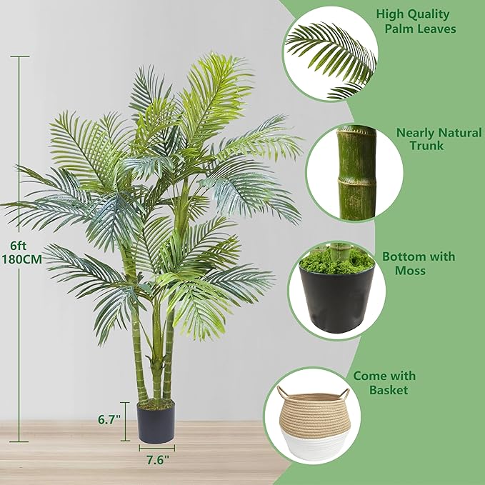 Artificial Palm Tree, 6ft Golden Cane Fake Palm Plant with Basket, Large Phoenix Palm UV Resistant Faux Plants for Indoor Outdoor Home Garden Patio Office Décor