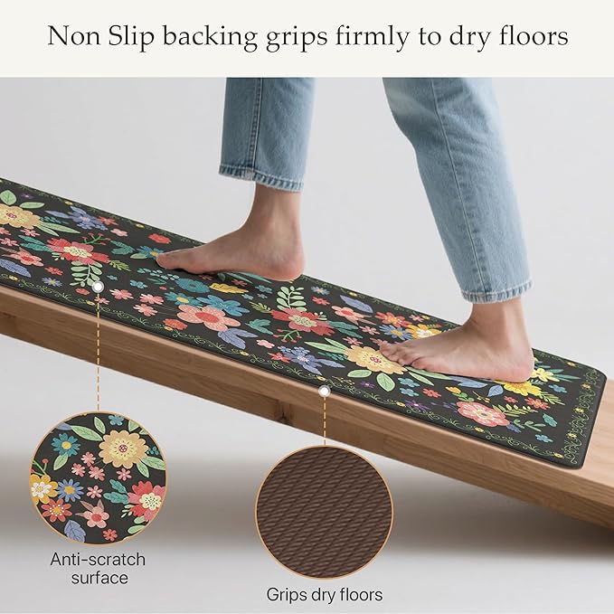 GENIMO Kitchen Mats for Floor 2PCS, Cushioned Kitchen Rugs Non Slip Washable, Farmhouse Anti Fatigue Mat Waterproof, Comfort Standing Mat Rug for Office, Home, Laundry, 17.3"x59"+17.3"x30", Black