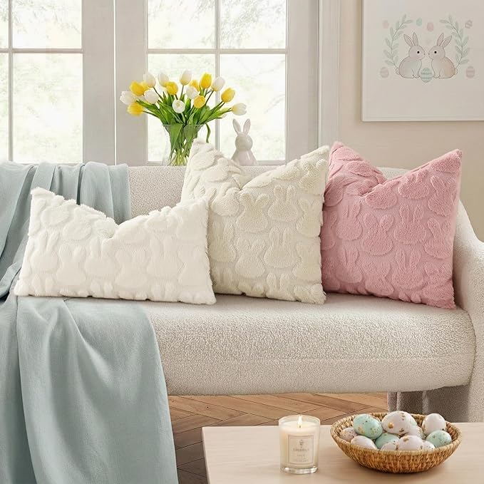 decorUhome Easter Bunny Pillow Covers 16x16 Inch Set of 2, Soft Plush Faux Wool Jacquard Beige Rabbit Cushion Covers, Farmhouse Neutral Spring Easter Holiday Decor for Couch Sofa Bed