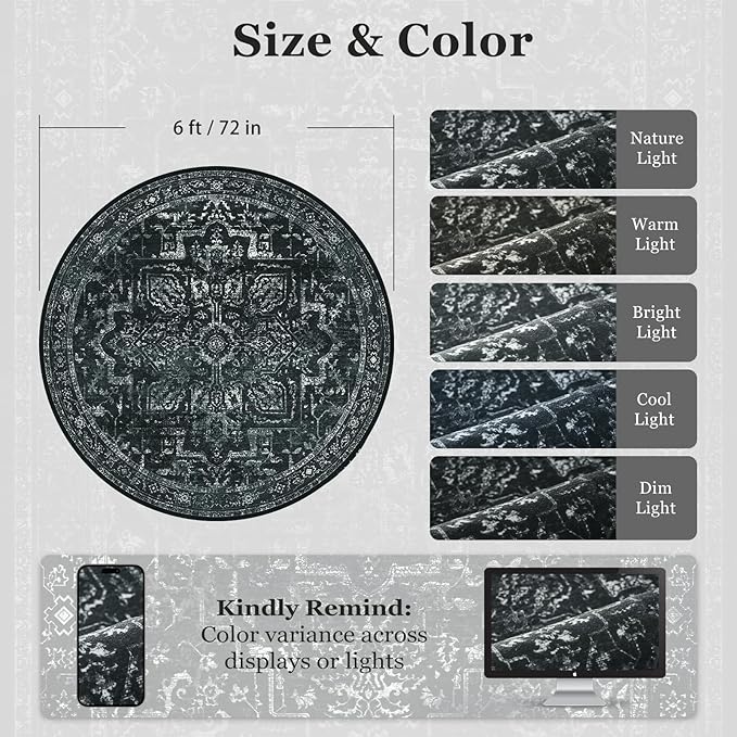 Dark Round Rugs 6ft, Low Pile Thin Circle Area Rugs for Bedroom Living Room Washable Non Slip, Vintage Medallion Distressed Round Carpet for Kitchen Dining Room, Black and White