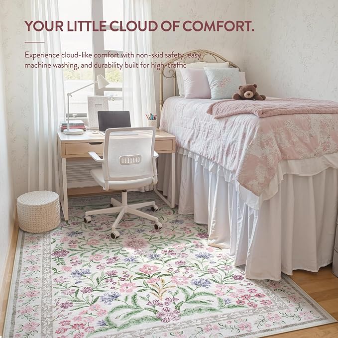 Lahome Sylvie Boho Purple Floral 5x7 Area Rugs, Washable Rugs for Bedroom Nursery Decor, Soft Non-Slip Lavender Carpet for Kids Room Girls Playroom Living Room, Pale Lilac/Pink