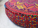 CRAFT KALA Mandala Floor Pillow Cushion Cover Seating Throw Cover Hippie Decorative Bohemian Ottoman Poufs Pom Pom Pillow Cases Boho Indian Cotton Living Room Home Décor 35" Round New Orange Ombre