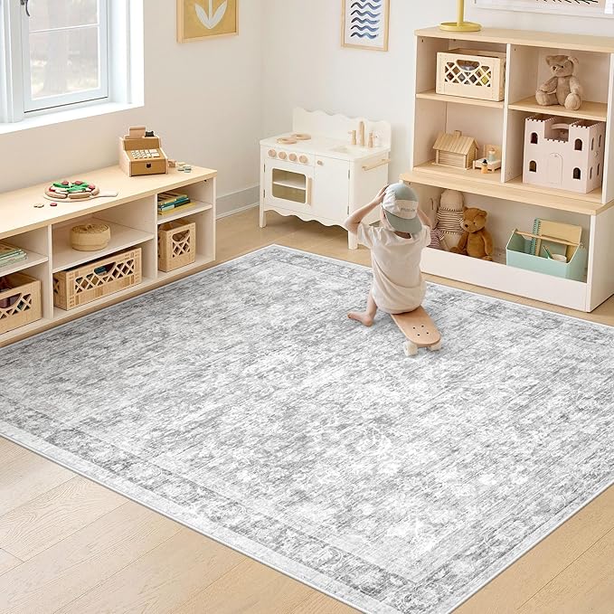6x9 Area Rugs for Living Room: Washable Vintage Floral Rug Low Pile Non-Slip Boho Carpet for Bedroom Nursery Dining Room (Grey, 6'x9')