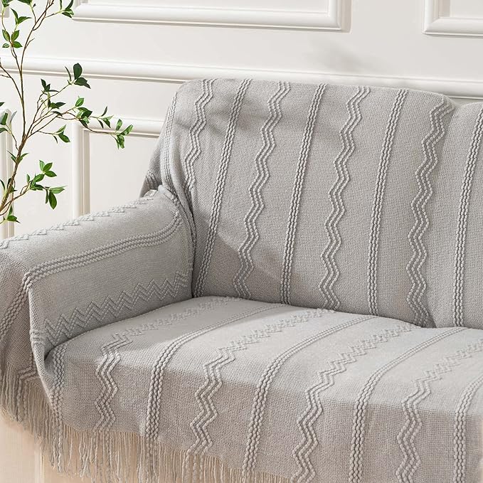 BATTILO HOME Light Grey Throw Blanket for Couch, Geometric Grey Bed Throws Decorative Boho Blanket for Sofa Living Room, 50"x60"
